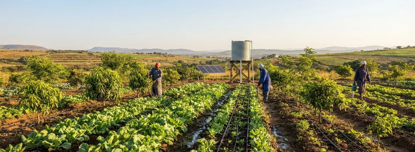 A demonstration plot with drip irrigation, young trees and a water tank